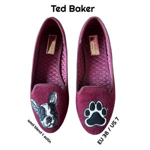 Ted Baker French Bull Dog Burgundy Red Wool Slipper Shoes